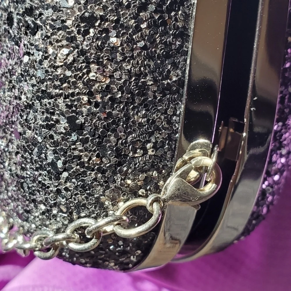 Vintage Black Silver Sequin Evening Bag with Chain